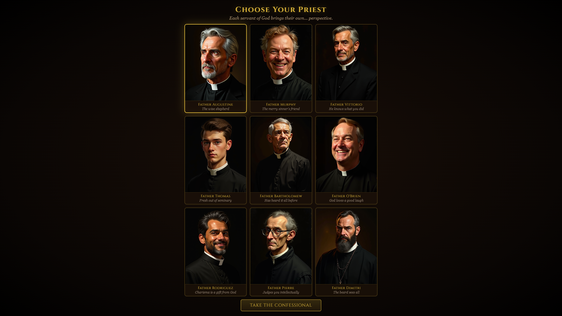 Priest selection screen showing 9 unique playable priests including Father Augustine, Father Murphy, and Father Vittorio