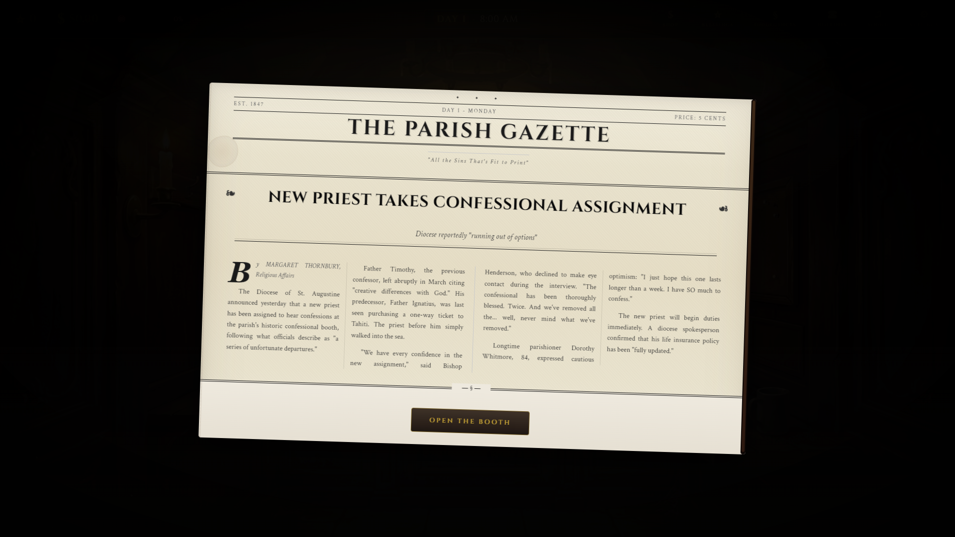 The Parish Gazette newspaper headline: New Priest Takes Confessional Assignment