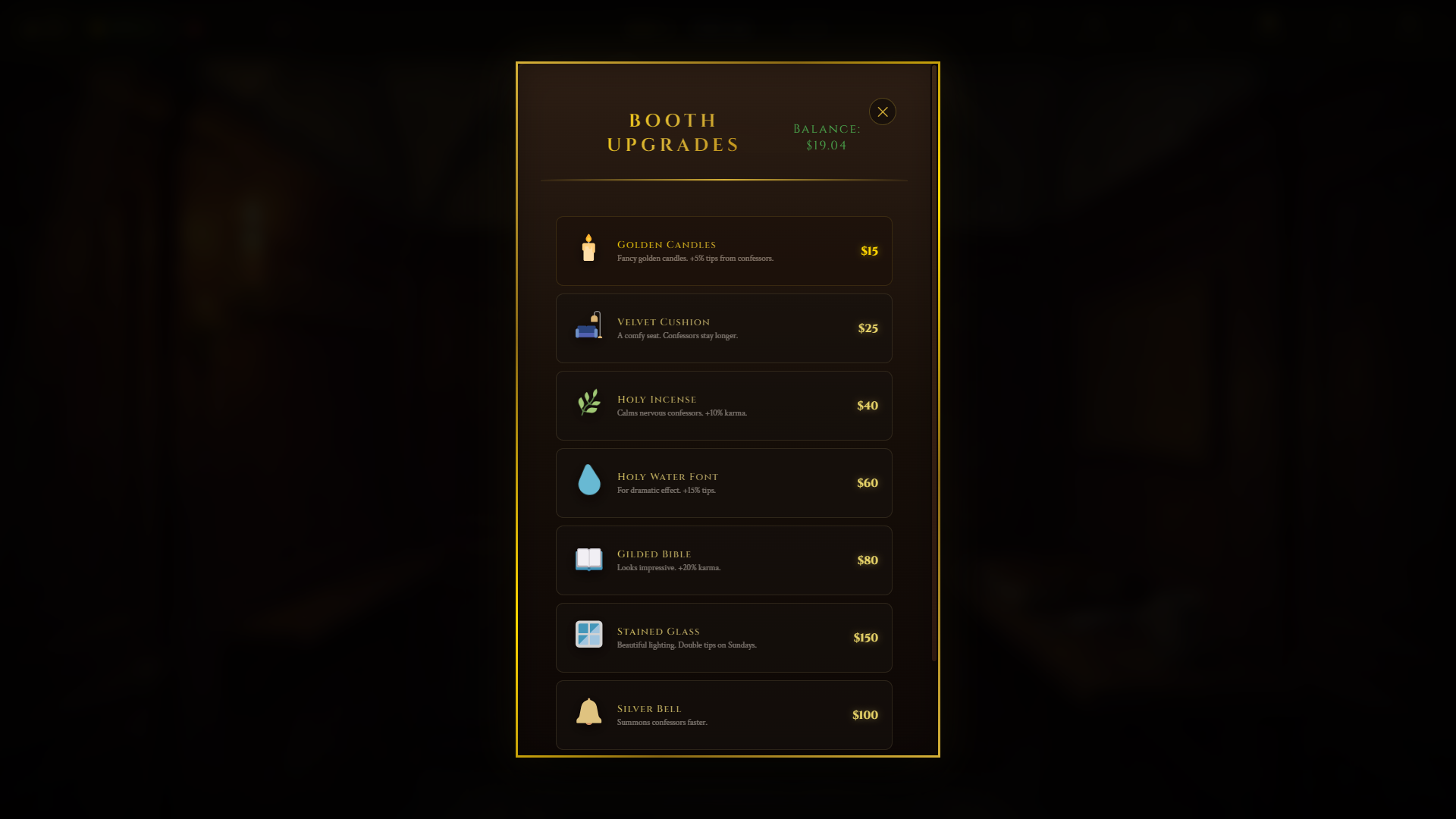 Booth upgrades shop showing items like Golden Candles, Velvet Cushion, Holy Incense, and Stained Glass