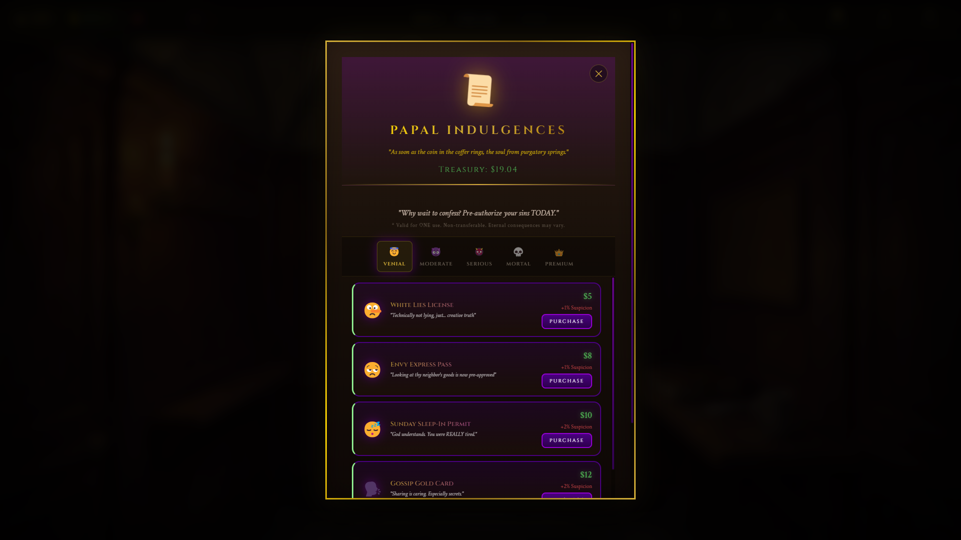 Papal Indulgences shop selling pre-authorized sin passes like White Lies License and Envy Express Pass