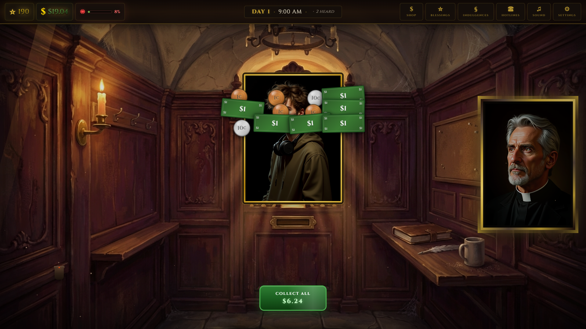 Money raining down on a confessor as the priest collects generous donations