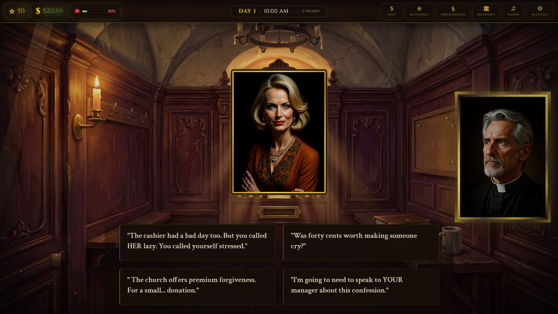 Gameplay screenshot showing a confessor speaking through the grate with four response options for the player