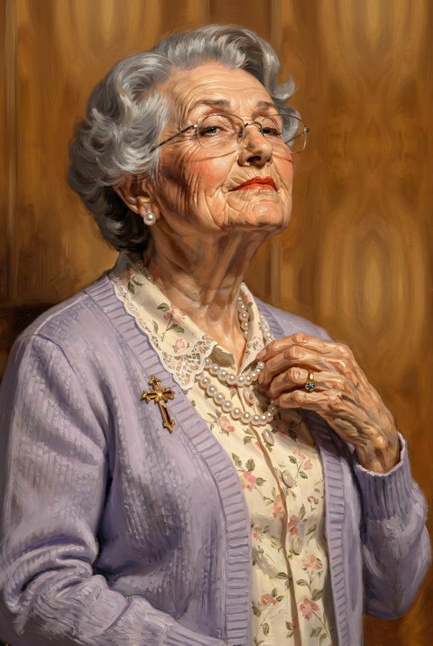 Margaret, an elderly woman with a kind, guilty expression