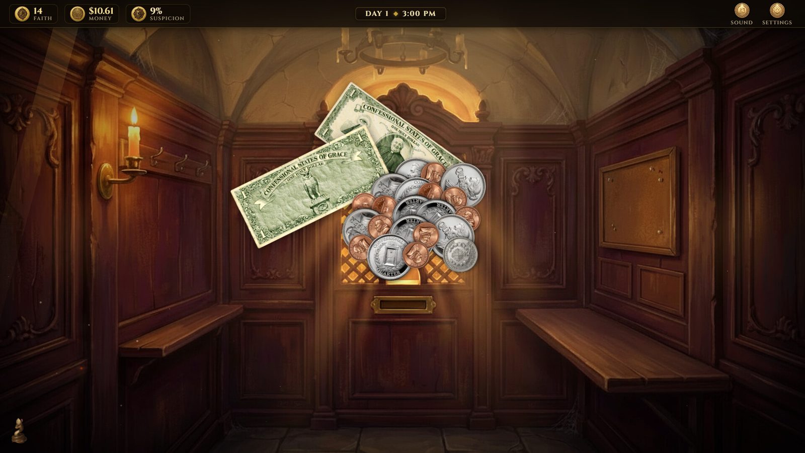 Collecting donations from the collection plate after working a confession