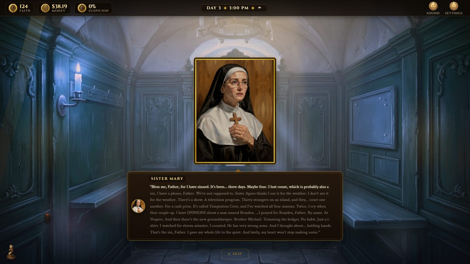 Sister Mary confessing in the booth