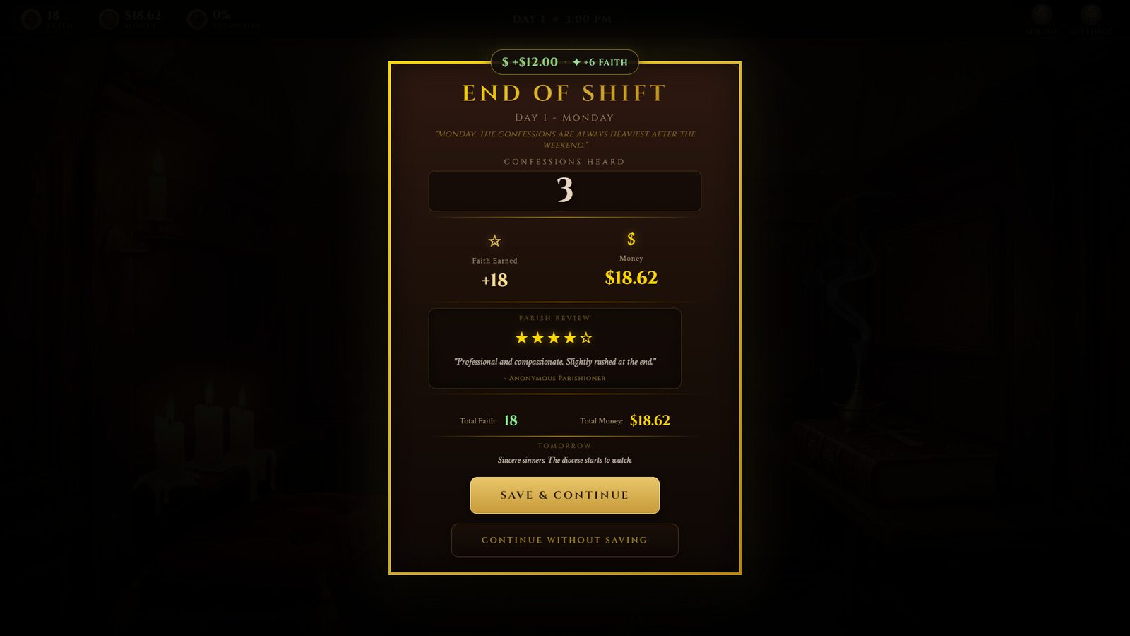 The End of Shift summary with the day's confessions, faith, and takings